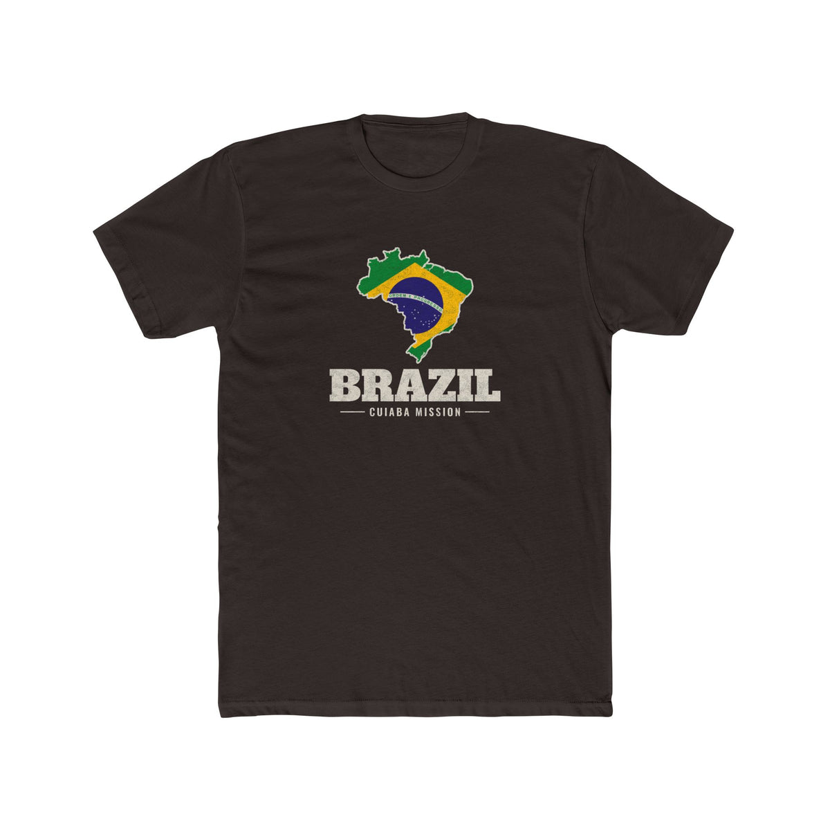 Brazil Cuiaba Mission Flag Map shirt in Dark Chocolate: flag of Brazil in the outline of Brazil with cream lettering, front view