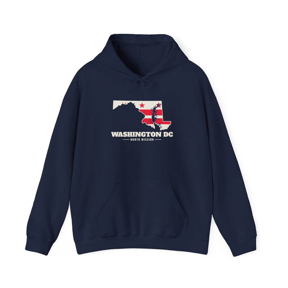 Washington DC North Mission Flag Map Hoodie in Navy, front view with the flag map and mission name