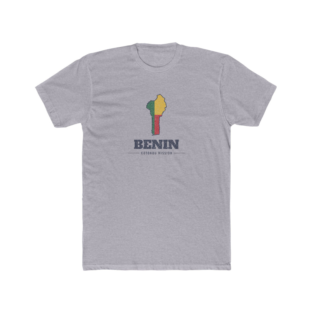 Benin Cotonou Mission Flag Map shirt in Heather Grey: flag of Benin in the outline of Benin with navy lettering, front view