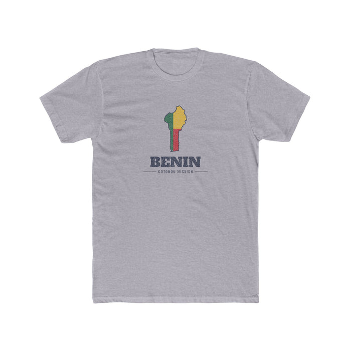 Benin Cotonou Mission Flag Map shirt in Heather Grey: flag of Benin in the outline of Benin with navy lettering, front view