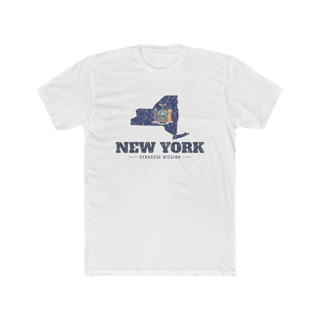 New York Syracuse Mission Flag Map shirt in White: New York state flag in the outline of New York with navy lettering, front view