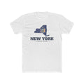 New York Syracuse Mission Flag Map shirt in White: New York state flag in the outline of New York with navy lettering, front view