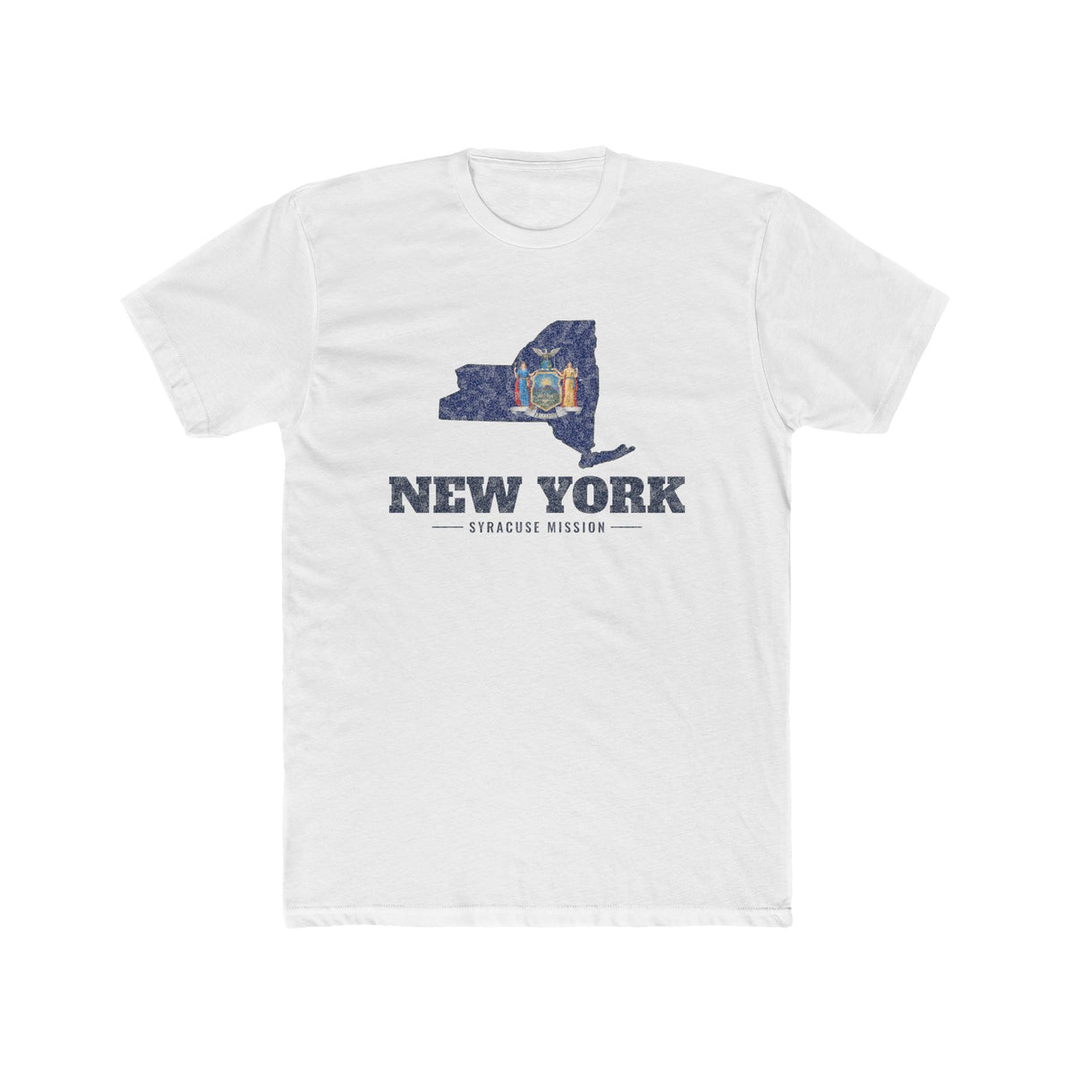 New York Syracuse Mission Flag Map shirt in White: New York state flag in the outline of New York with navy lettering, front view