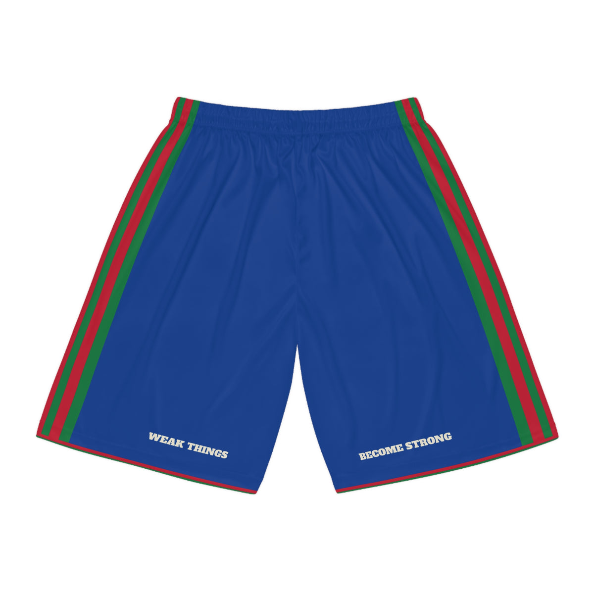 South Africa Durban Mission Basketball Shorts, back view with WEAK THINGS and BECOME STRONG on the legs