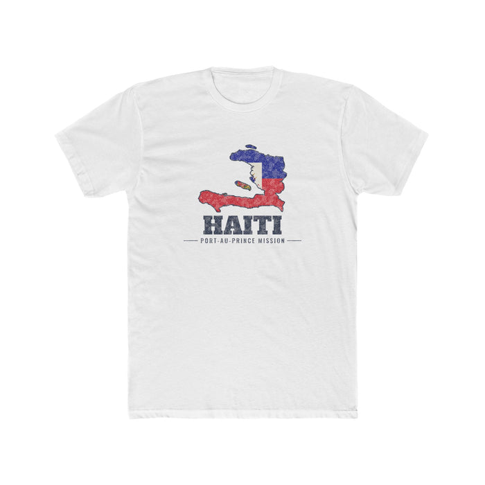 Haiti Port-au-Prince Mission Flag Map shirt in White: flag of Haiti in the outline of Haiti with navy lettering, front view