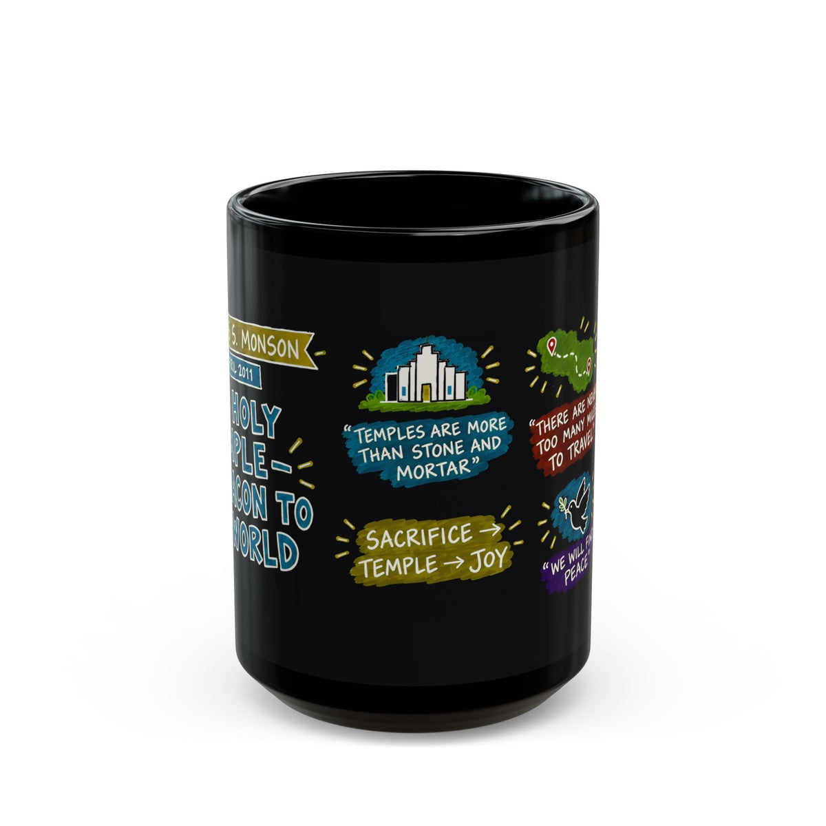 The Holy Temple—a Beacon to the World Sketch Note Black Mug — Thomas S. Monson