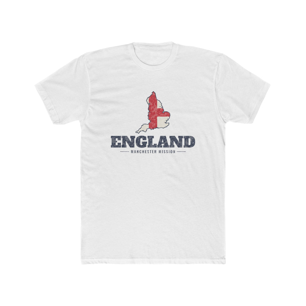 England Manchester Mission Flag Map shirt in White: flag of England in the outline of England with navy lettering, front view