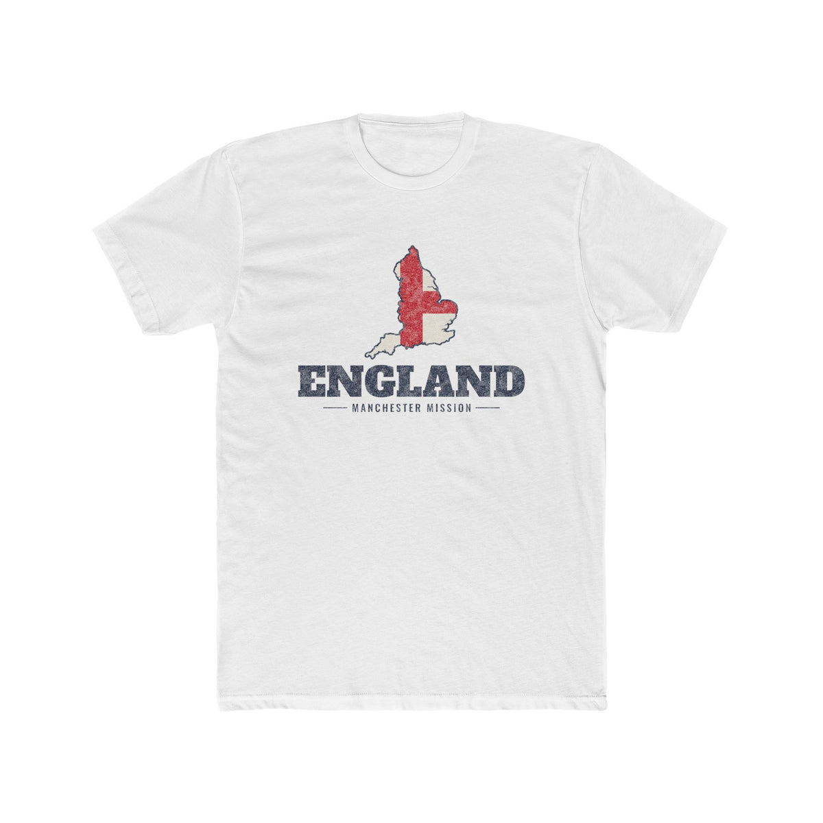 England Manchester Mission Flag Map shirt in White: flag of England in the outline of England with navy lettering, front view