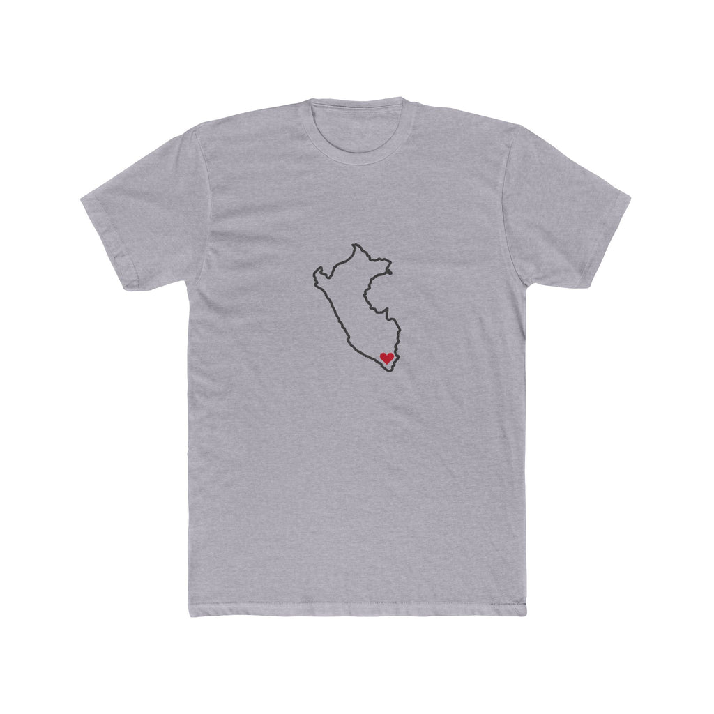 Peru Tacna Mission Heart Map shirt in Heather Grey: Peru outline with a red heart, front view