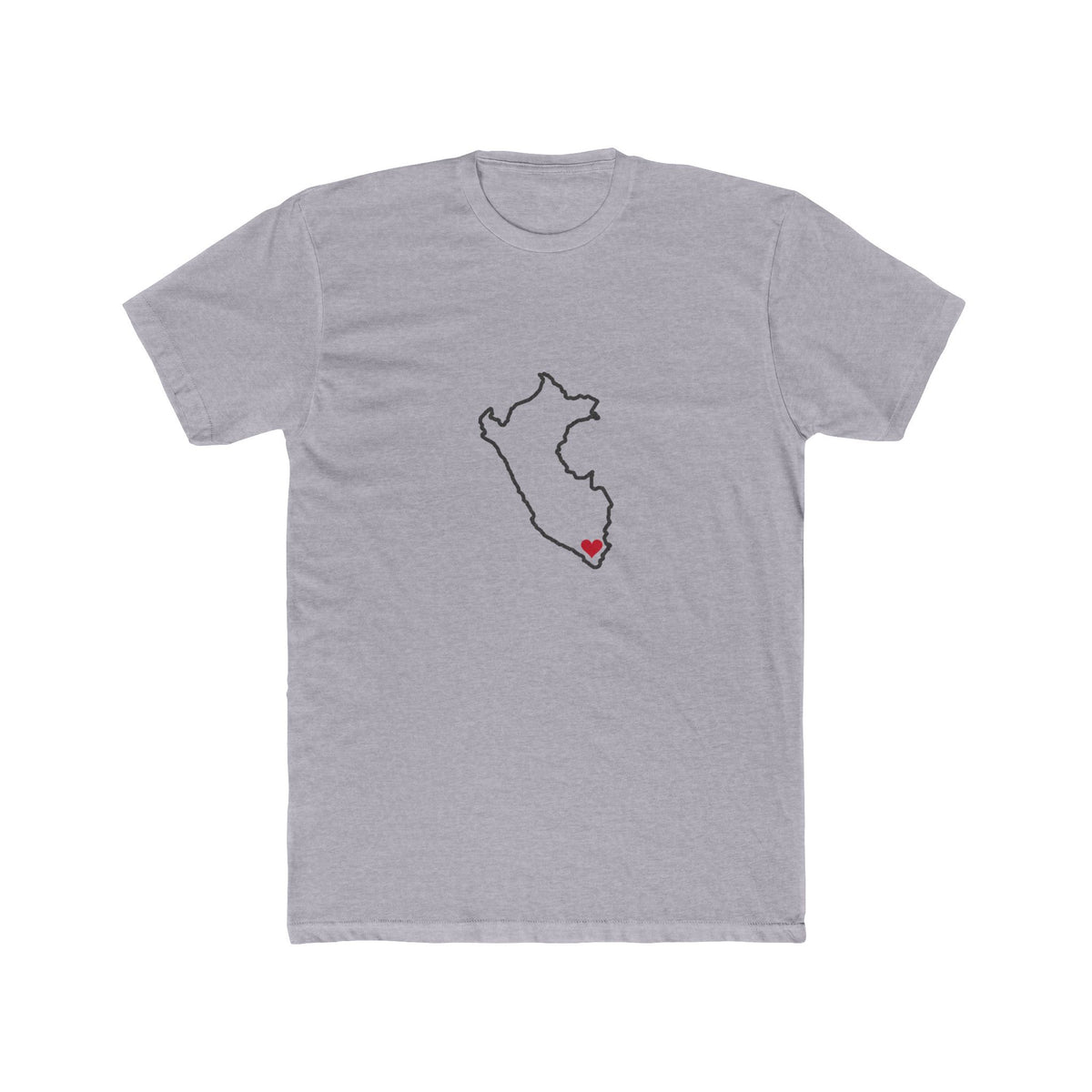 Peru Tacna Mission Heart Map shirt in Heather Grey: Peru outline with a red heart, front view