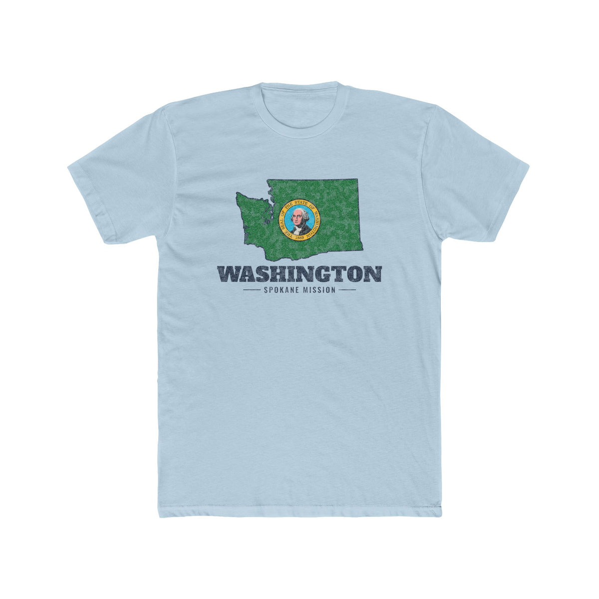 Washington Spokane Mission Flag Map shirt in Desert Pink: Washington state flag in the outline of Washington with navy lettering, front view