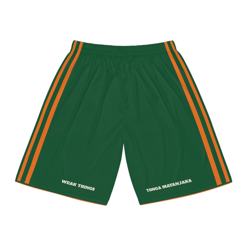 Madagascar Antananarivo North Mission Basketball Shorts, back view with WEAK THINGS and BECOME STRONG on the legs