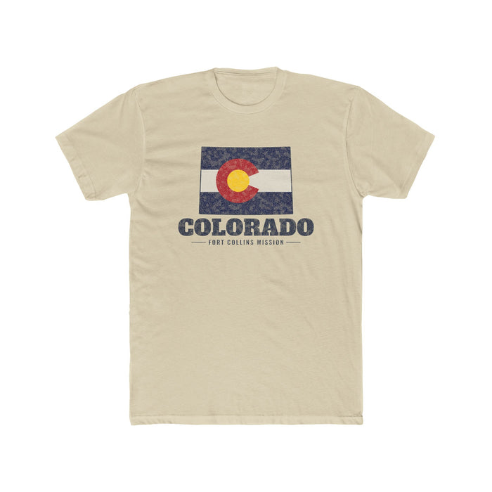 Colorado Fort Collins Mission Flag Map shirt in Cream: Colorado state flag in the outline of Colorado with navy lettering, front view