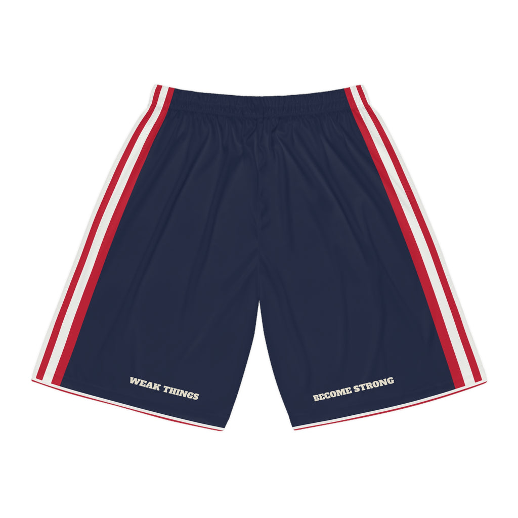 Wyoming Cheyenne Mission Basketball Shorts, back view with WEAK THINGS and BECOME STRONG on the legs
