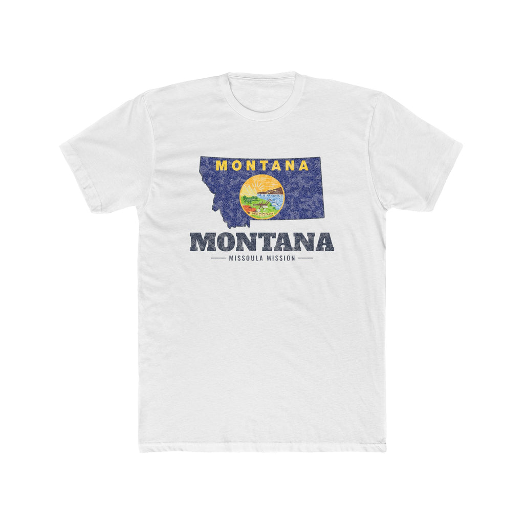 Montana Missoula Mission Flag Map shirt in White: Montana state flag in the outline of Montana with navy lettering, front view