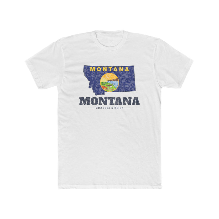 Montana Missoula Mission Flag Map shirt in White: Montana state flag in the outline of Montana with navy lettering, front view