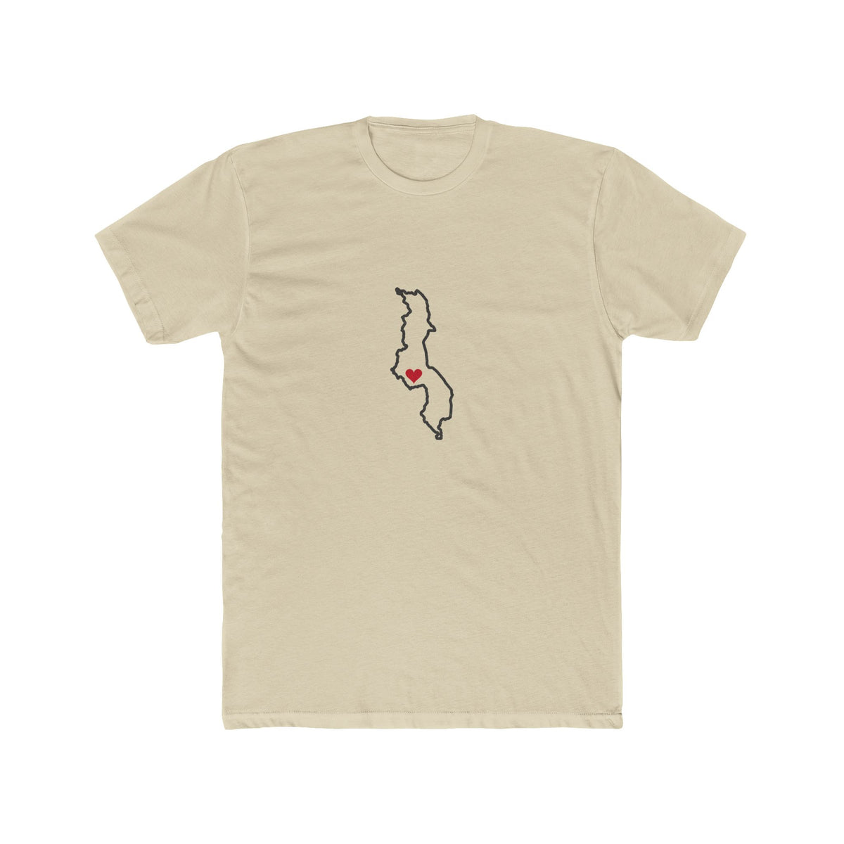Malawi Lilongwe Mission Heart Map shirt in Cream: Malawi outline with a red heart, front view