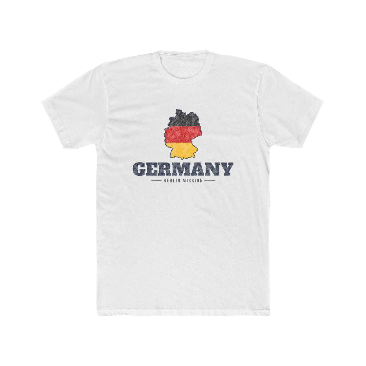 Germany Berlin Mission Flag Map shirt in White: flag of Germany in the outline of Germany with navy lettering, front view