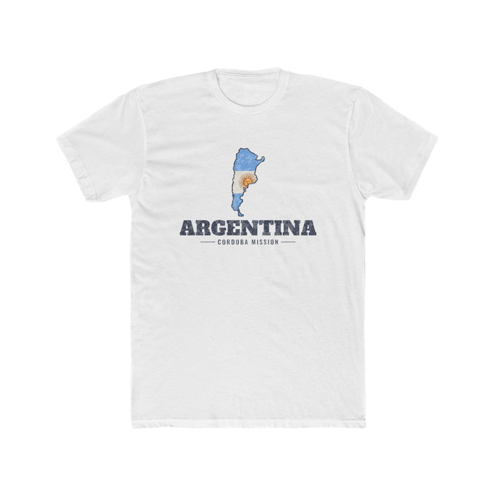 Argentina Cordoba Mission Flag Map shirt in White: flag of Argentina in the outline of Argentina with navy lettering, front view