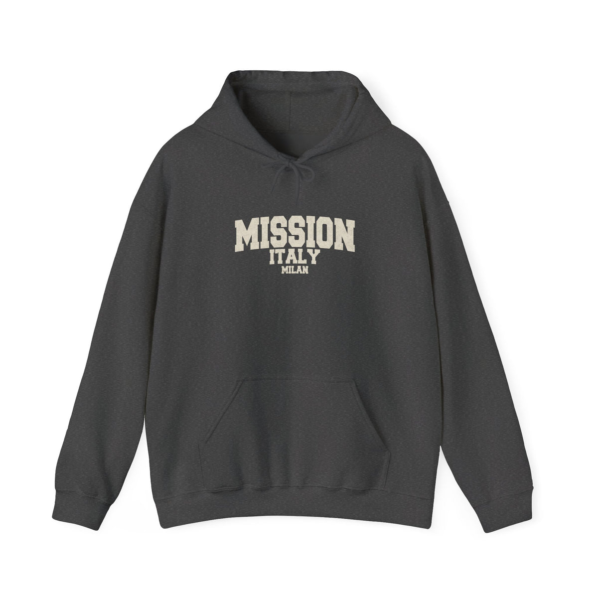 Italy Milan Mission Hoodie in Dark Heather, front view with the varsity mission design