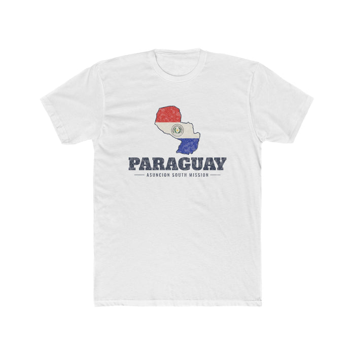 Paraguay Asuncion South Mission Flag Map shirt in White: flag of Paraguay in the outline of Paraguay with navy lettering, front view