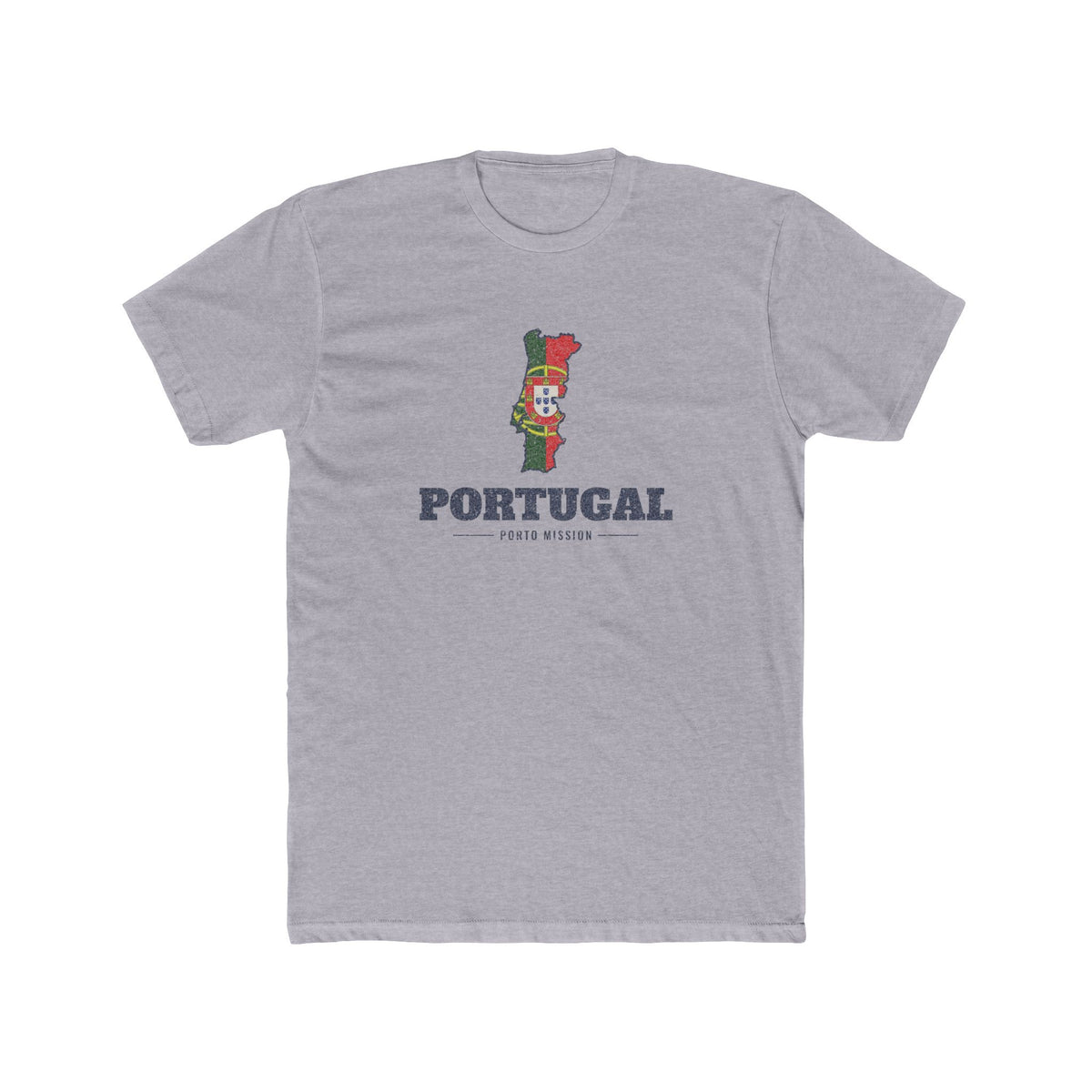 Portugal Porto Mission Flag Map shirt in Heather Grey: flag of Portugal in the outline of Portugal with navy lettering, front view