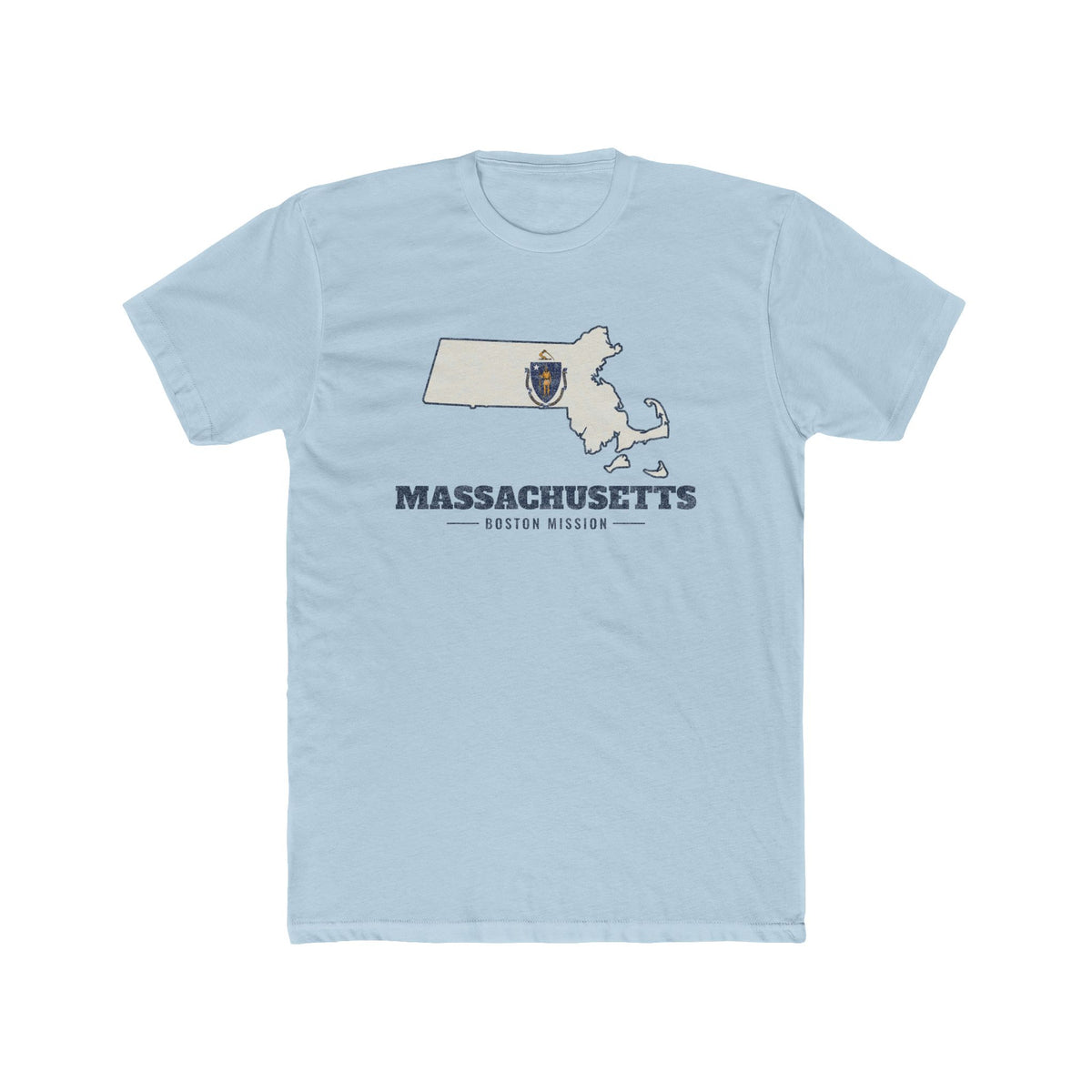 Massachusetts Boston Mission Flag Map shirt in Desert Pink: Massachusetts state flag in the outline of Massachusetts with navy lettering, front view