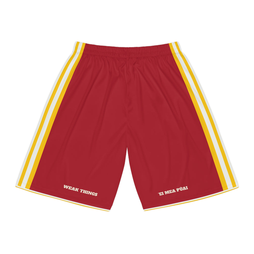 Tahiti Papeete Mission Basketball Shorts, back view with WEAK THINGS and ’EI MEA PŪAI on the legs