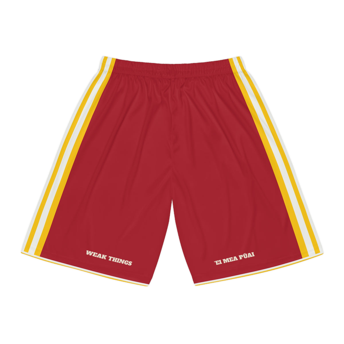 Tahiti Papeete Mission Basketball Shorts, back view with WEAK THINGS and ’EI MEA PŪAI on the legs