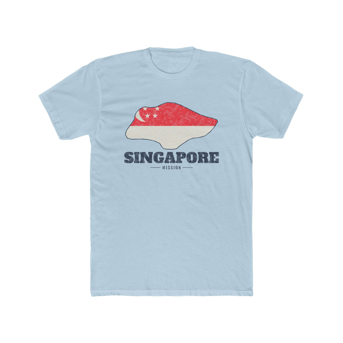 Singapore Mission Flag Map shirt in Desert Pink: flag of Singapore in the outline of Singapore with navy lettering, front view