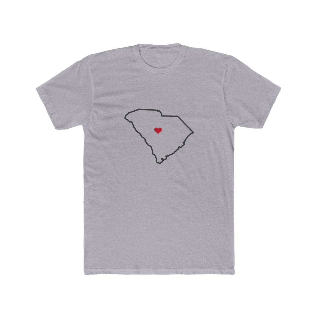 South Carolina Columbia Mission Heart Map shirt in Heather Grey: South Carolina outline with a red heart, front view