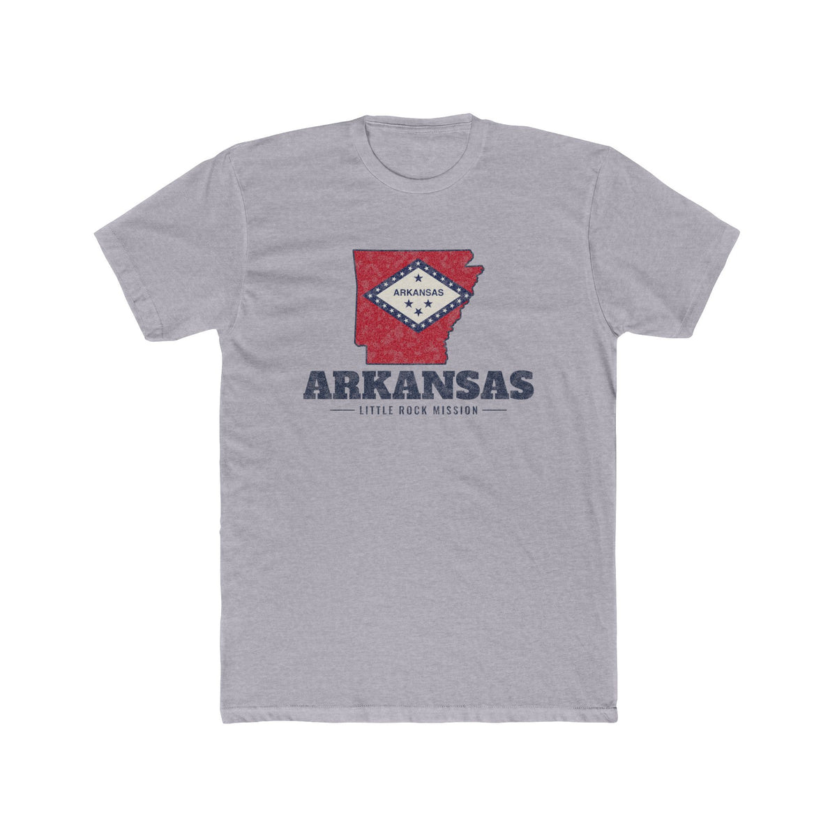 Arkansas Little Rock Mission Flag Map shirt in Heather Grey: Arkansas state flag in the outline of Arkansas with navy lettering, front view