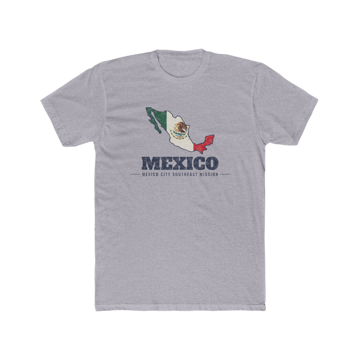 Mexico Mexico City Southeast Mission Flag Map shirt in Heather Grey: flag of Mexico in the outline of Mexico with navy lettering, front view