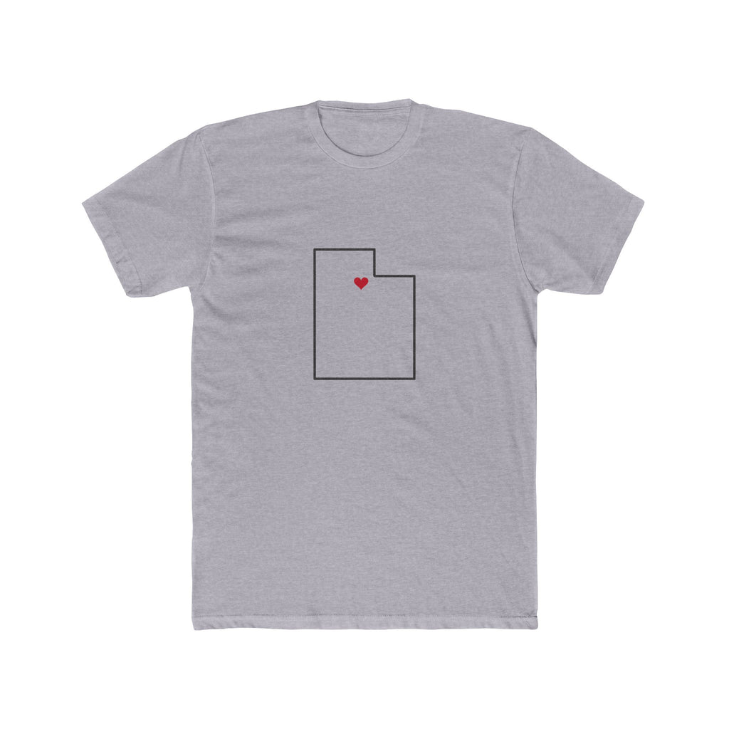 Utah Salt Lake City East Mission Heart Map shirt in Heather Grey: Utah outline with a red heart, front view
