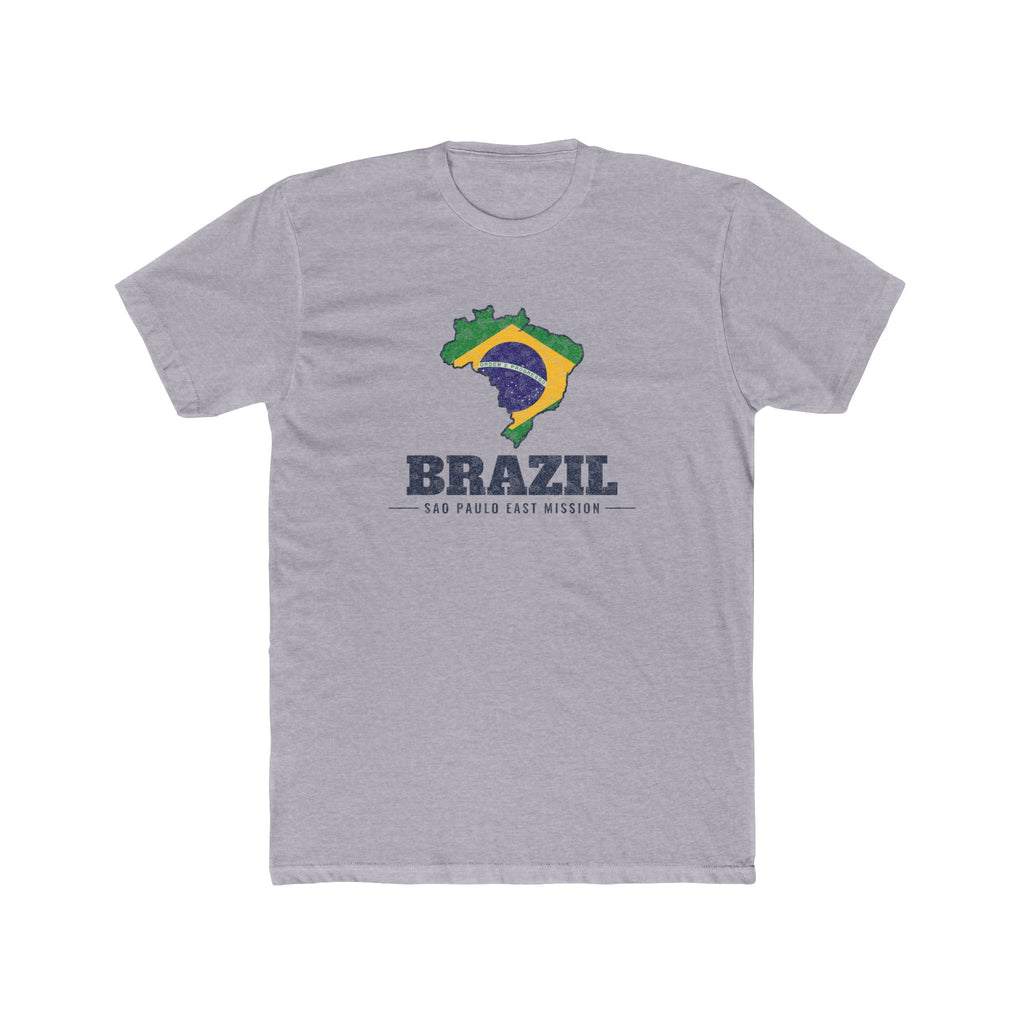 Brazil Sao Paulo East Mission Flag Map shirt in Heather Grey: flag of Brazil in the outline of Brazil with navy lettering, front view