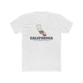 California San Bernardino Mission Flag Map shirt in White: California state flag in the outline of California with navy lettering, front view