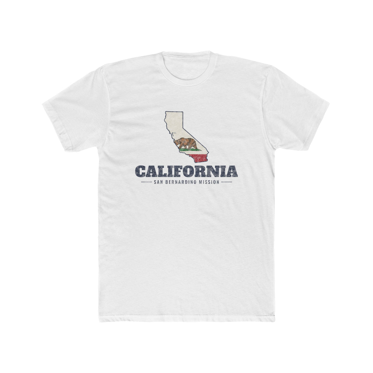 California San Bernardino Mission Flag Map shirt in White: California state flag in the outline of California with navy lettering, front view