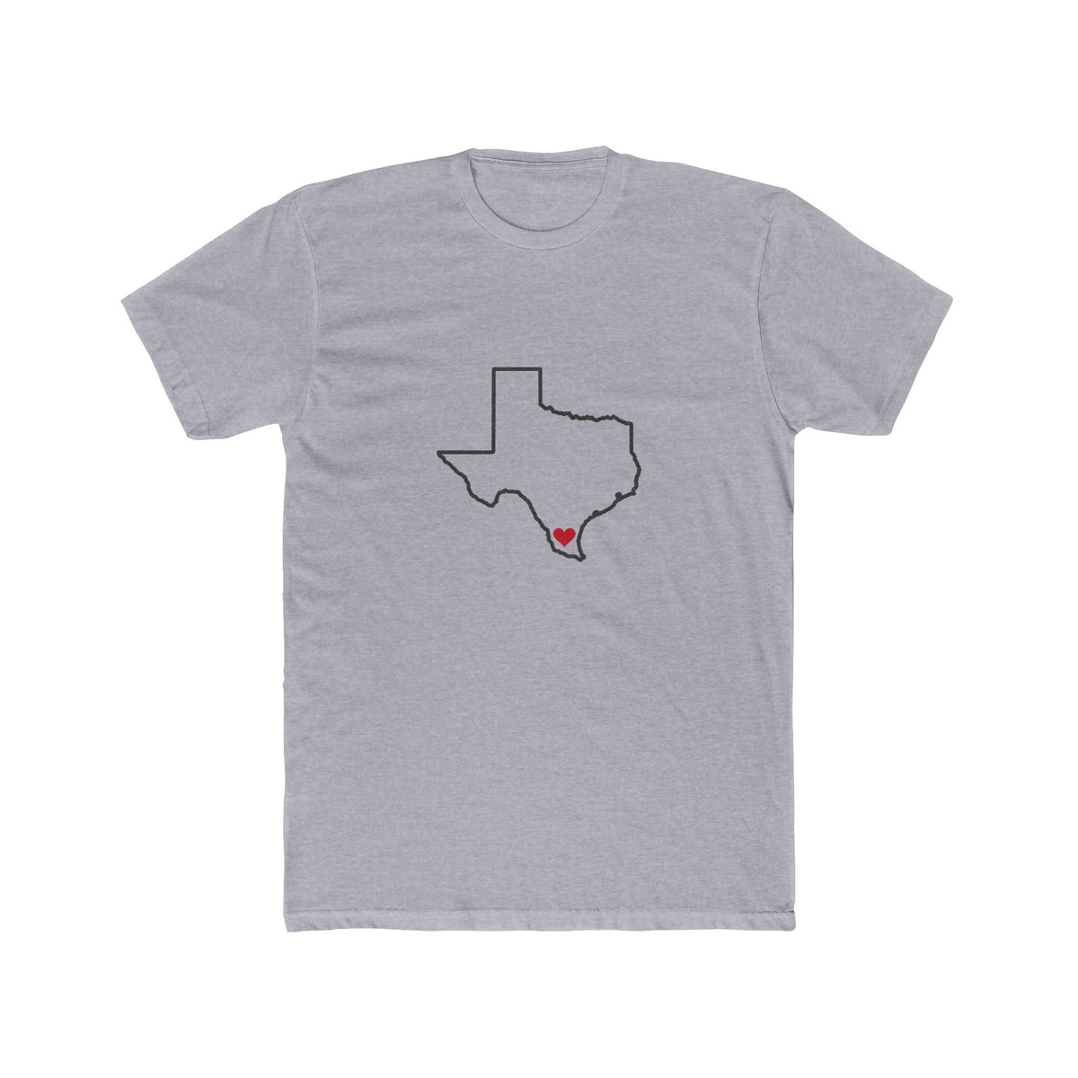 Texas McAllen Mission Heart Map shirt in Heather Grey: Texas outline with a red heart, front view