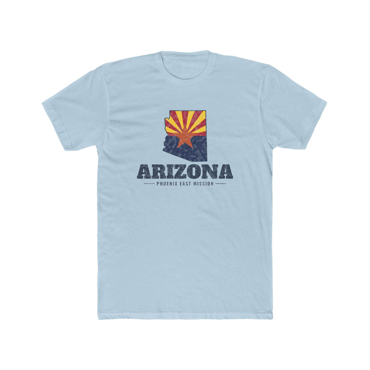 Arizona Phoenix East Mission Flag Map shirt in Desert Pink: Arizona state flag in the outline of Arizona with navy lettering, front view