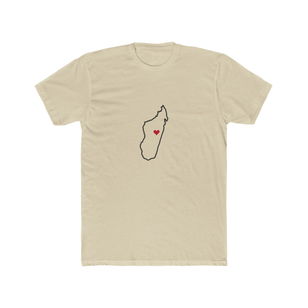 Madagascar Antananarivo North Mission Heart Map shirt in Cream: Madagascar outline with a red heart, front view