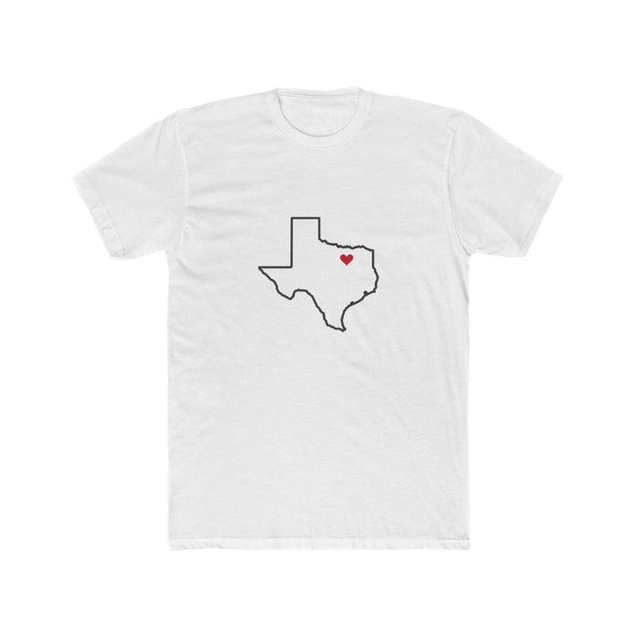 Texas Dallas West Mission Heart Map shirt in White: Texas outline with a red heart, front view