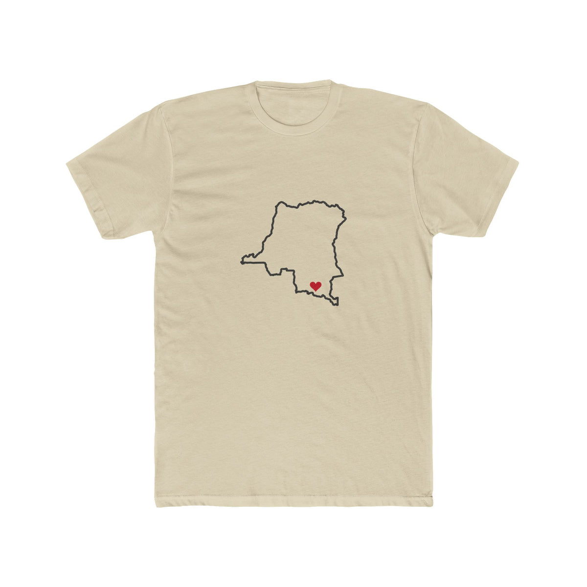 Democratic Republic of the Congo Kolwezi Mission Heart Map shirt in Cream: Democratic Republic of the Congo outline with a red heart, front view