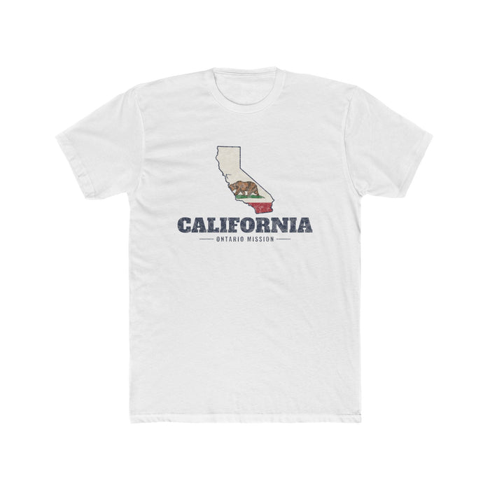 California Ontario Mission Flag Map shirt in White: California state flag in the outline of California with navy lettering, front view