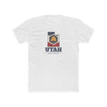 Utah Ogden Mission Flag Map shirt in White: Utah state flag in the outline of Utah with navy lettering, front view