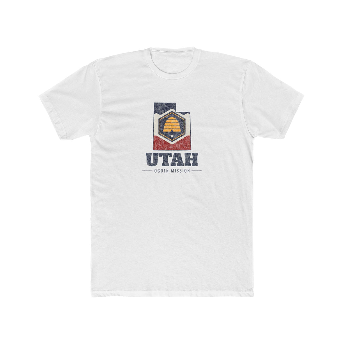 Utah Ogden Mission Flag Map shirt in White: Utah state flag in the outline of Utah with navy lettering, front view