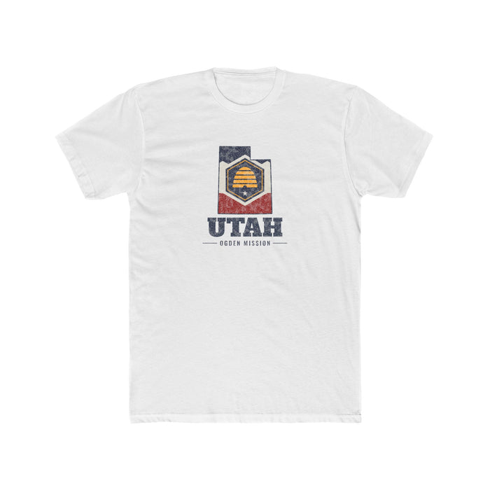 Utah Ogden Mission Flag Map shirt in White: Utah state flag in the outline of Utah with navy lettering, front view