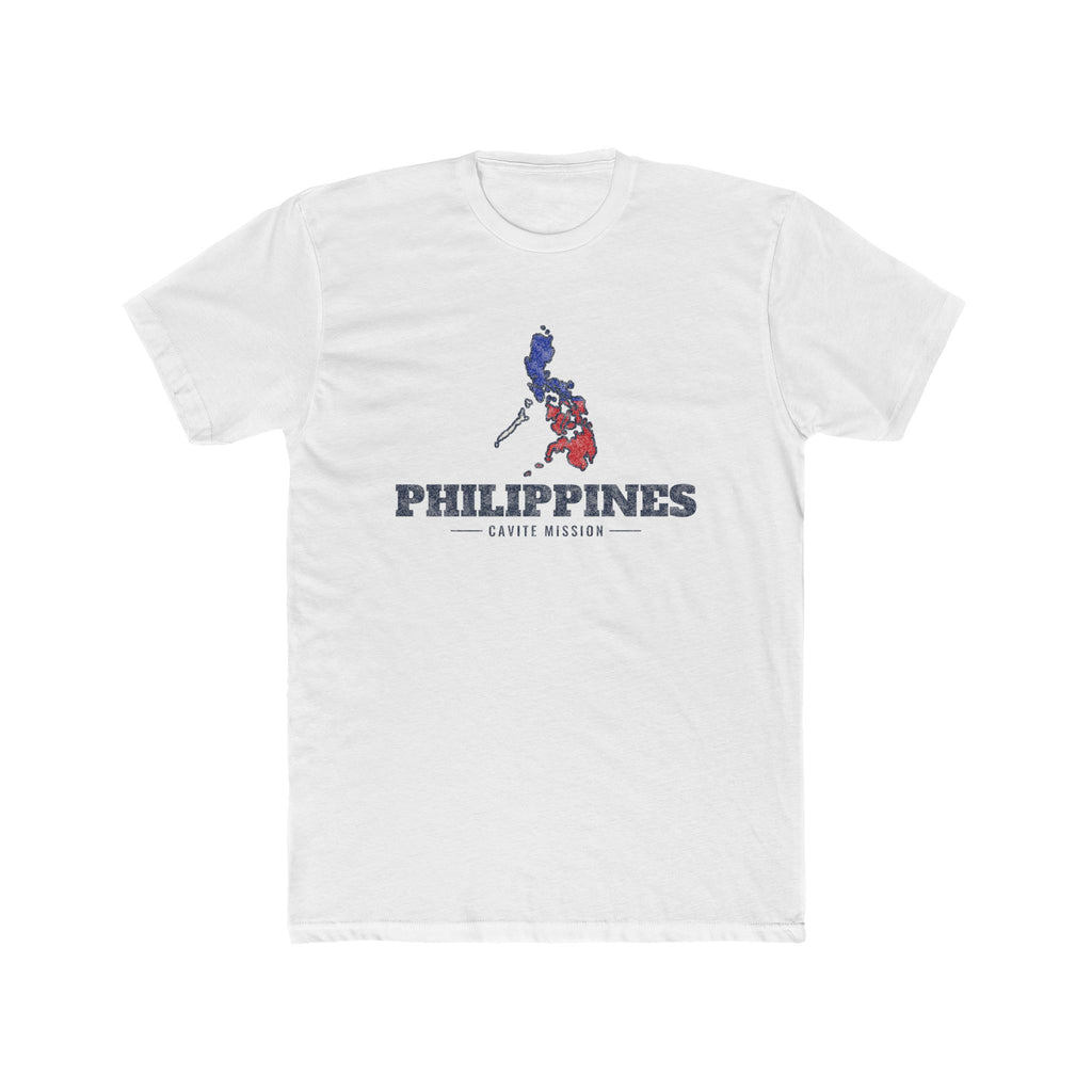 Philippines Cavite Mission Flag Map shirt in White: colors of the Philippine flag in the outline of the Philippines with navy lettering, front view