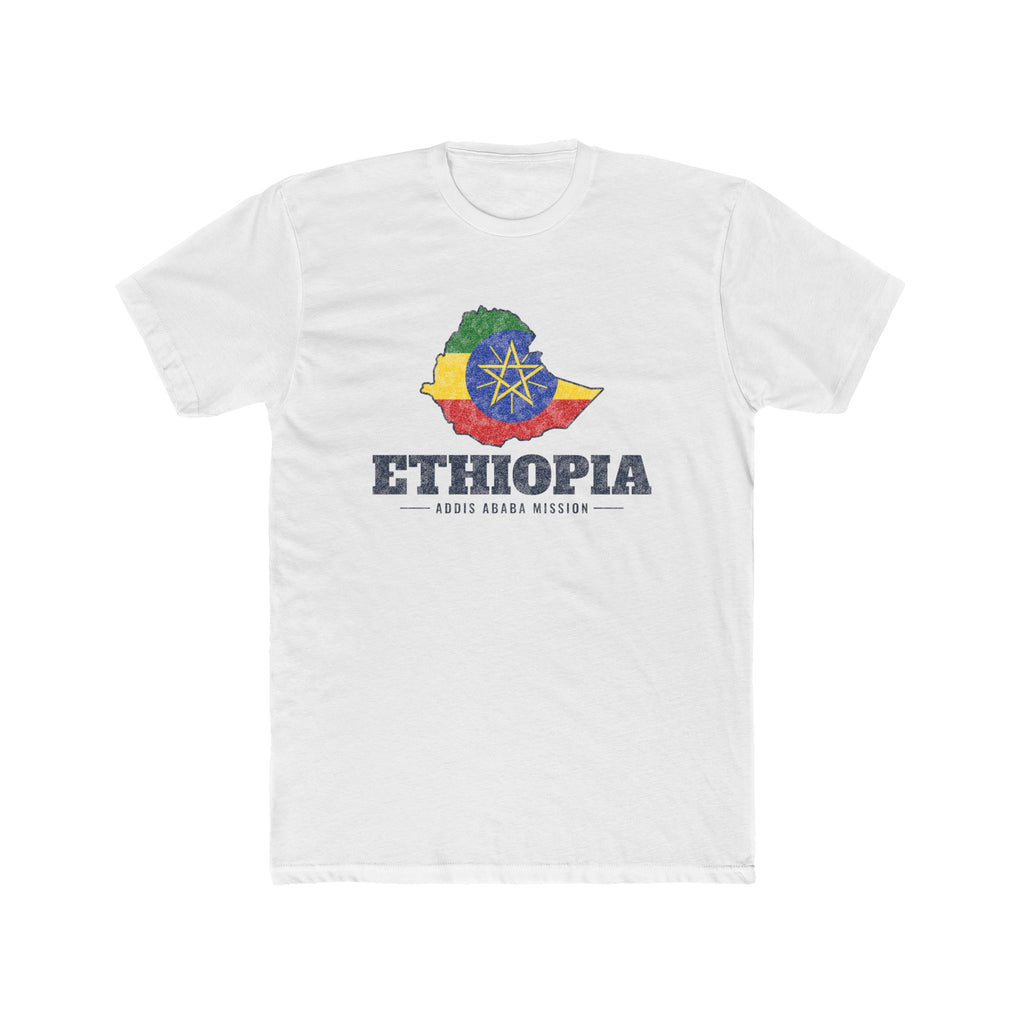 Ethiopia Addis Ababa Mission Flag Map shirt in White: flag of Ethiopia in the outline of Ethiopia with navy lettering, front view
