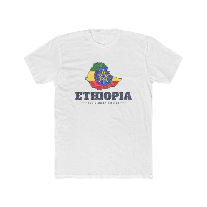 Ethiopia Addis Ababa Mission Flag Map shirt in White: flag of Ethiopia in the outline of Ethiopia with navy lettering, front view