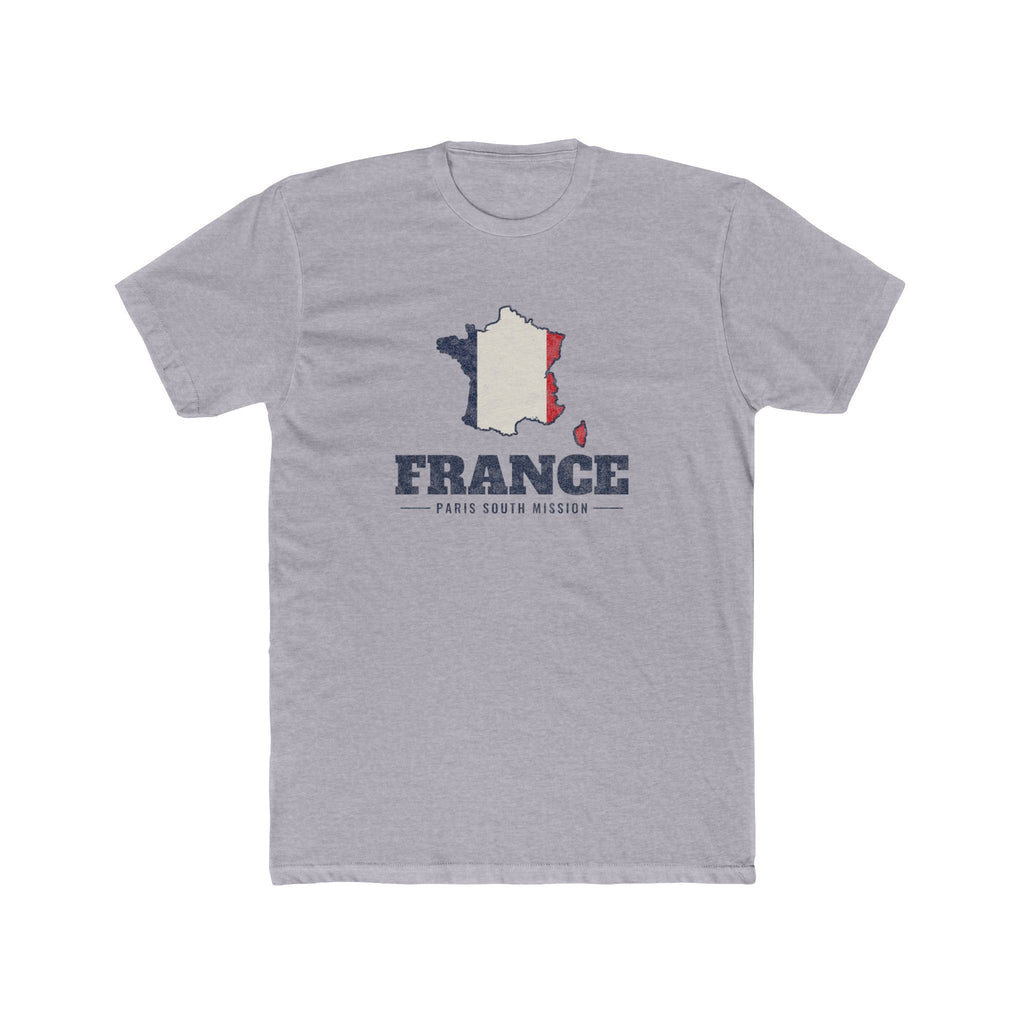 France Paris South Mission Flag Map shirt in Heather Grey: flag of France in the outline of France with navy lettering, front view